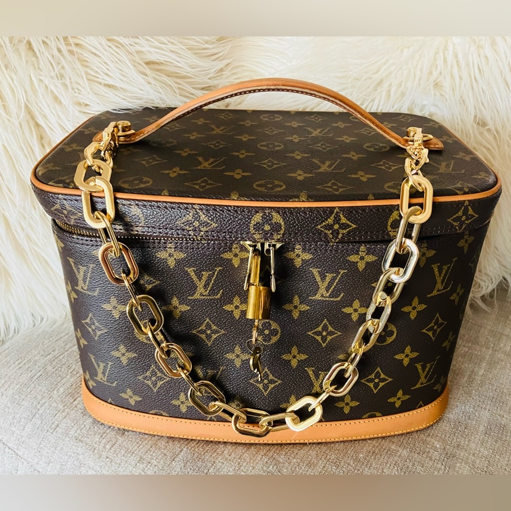 Louis Vuitton Monogram Brown Vanity Case with Gold Chain Strap